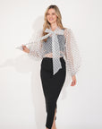 White color Oversized Organza shirt in polka dot print with bow design