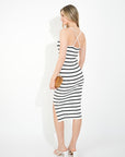Knitted stripe print with straps design midi bodycon dress in white