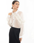 Pleated ruffles with multi dimoned stone embellished sleeves design organza shirt in white