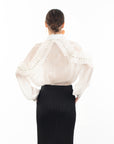 Pleated ruffles with multi dimoned stone embellished sleeves design organza shirt in white