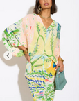 Leaves and Floral Scarf Pirnt Pleated Dress in Kimono sleeves in green