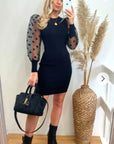 Black Bodycon Knit Dress with Polka Dot Organza Sleeves