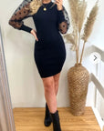 Black Bodycon Knit Dress with Polka Dot Organza Sleeves