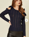 Frilled Cold Shoulder pointelle stitch top (Navy)