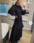 Puff sleeve shirt dress with tiered hem skirt in black