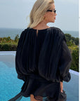 Silky satin feeling Cape sleeves design short dress in Black