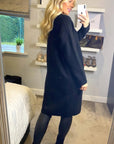 Oversized Boxy rib knit long cardigan with front pocket in black