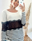 Stripe Print with Lace Bust Design Top (WHITE)
