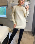 Multi faxu Pearl embellished design neckline long knit jumper in white