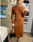 Soft Knitted Ribbed Midi Bodycon Dress tie up on back In Brown
