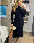 Soft Knitted Ribbed Midi Bodycon Dress tie up on back In Black