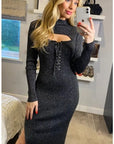 Lace up and cut out design Metallic midi bodycon dress in Black