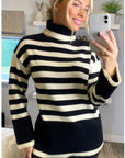 Soft Knit Striped roll-neck design cozy wool-blended jumper in black