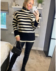 Soft Knit Striped roll-neck design cozy wool-blended jumper in black