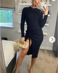 Soft Knitted Ribbed Midi Bodycon Side Split Tie up design Dress In Black