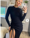 Soft Knitted Ribbed Midi Bodycon Side Split Tie up design Dress In Black