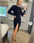 Soft Knitted Ribbed Midi Bodycon Side Split Tie up design Dress In Black
