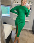 Soft Knitted Ribbed Midi Bodycon Side Split Tie up design Dress In Green