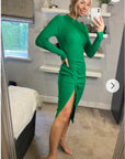Soft Knitted Ribbed Midi Bodycon Side Split Tie up design Dress In Green