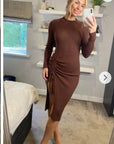 Soft Knitted Ribbed Midi Bodycon Side Split Tie up design Dress In Brown