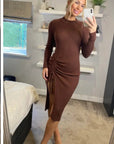 Soft Knitted Ribbed Midi Bodycon Side Split Tie up design Dress In Brown