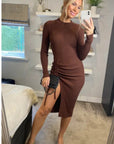Soft Knitted Ribbed Midi Bodycon Side Split Tie up design Dress In Brown
