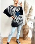 Star Striped Print Batwing Knitted Jumper Top (BLUE)