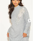 Multi Diamonded and Sequin design pattern Embroidered Long Jumper in grey