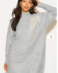 Multi Diamonded and Sequin design pattern Embroidered Long Jumper in grey