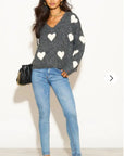 Brushed texture Love Heart Jacquard Pattern Embroidered Jumper in Grey