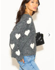 Brushed texture Love Heart Jacquard Pattern Embroidered Jumper in Grey