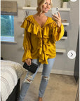 Front Frill detail long sleeves blouse top in Mustard Yellow