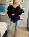 Front Frill detail long sleeves blouse top in black