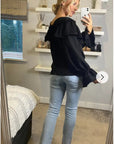 Front Frill detail long sleeves blouse top in black