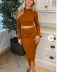 Long sleeves top with buttons design and midi skirt co-ords suits in brown