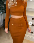 Long sleeves top with buttons design and midi skirt co-ords suits in brown