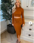 Long sleeves top with buttons design and midi skirt co-ords suits in brown