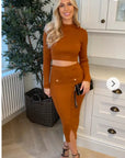 Long sleeves top with buttons design and midi skirt co-ords suits in brown