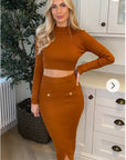 Long sleeves top with buttons design and midi skirt co-ords suits in brown