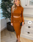 Long sleeves top with buttons design and midi skirt co-ords suits in brown