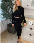 Long sleeves top with buttons design and midi skirt co-ords suits in black