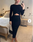 Long Sleeve Knit crop top with side lace up midi skirt co-ords in black