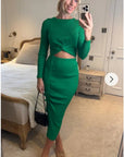 Long Sleeve Knit crop top with side lace up midi skirt co-ords in green