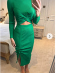 Long Sleeve Knit crop top with side lace up midi skirt co-ords in green
