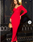 Soft Knit off the shoulder neckline long sleeves bodycon dress in red