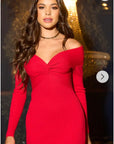 Soft Knit off the shoulder neckline long sleeves bodycon dress in red