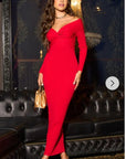 Soft Knit off the shoulder neckline long sleeves bodycon dress in red