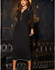 Black Soft knit long sleeves bodycon dress with cream line contrast design