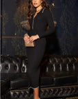 Black Soft knit long sleeves bodycon dress with cream line contrast design