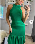 High Neck Pleated Metallic Bodycon Dress Knee Length In Green